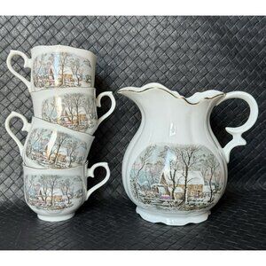Vintage Avon China Pitcher And 4 Tea Cups  Water Mill Exclusive Reward